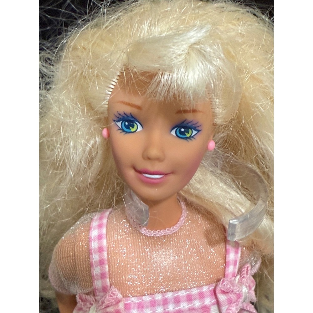 Vintage Barbie Doll Floral Dress‎ Blonde Hair Blue Eyes Pink Earrings